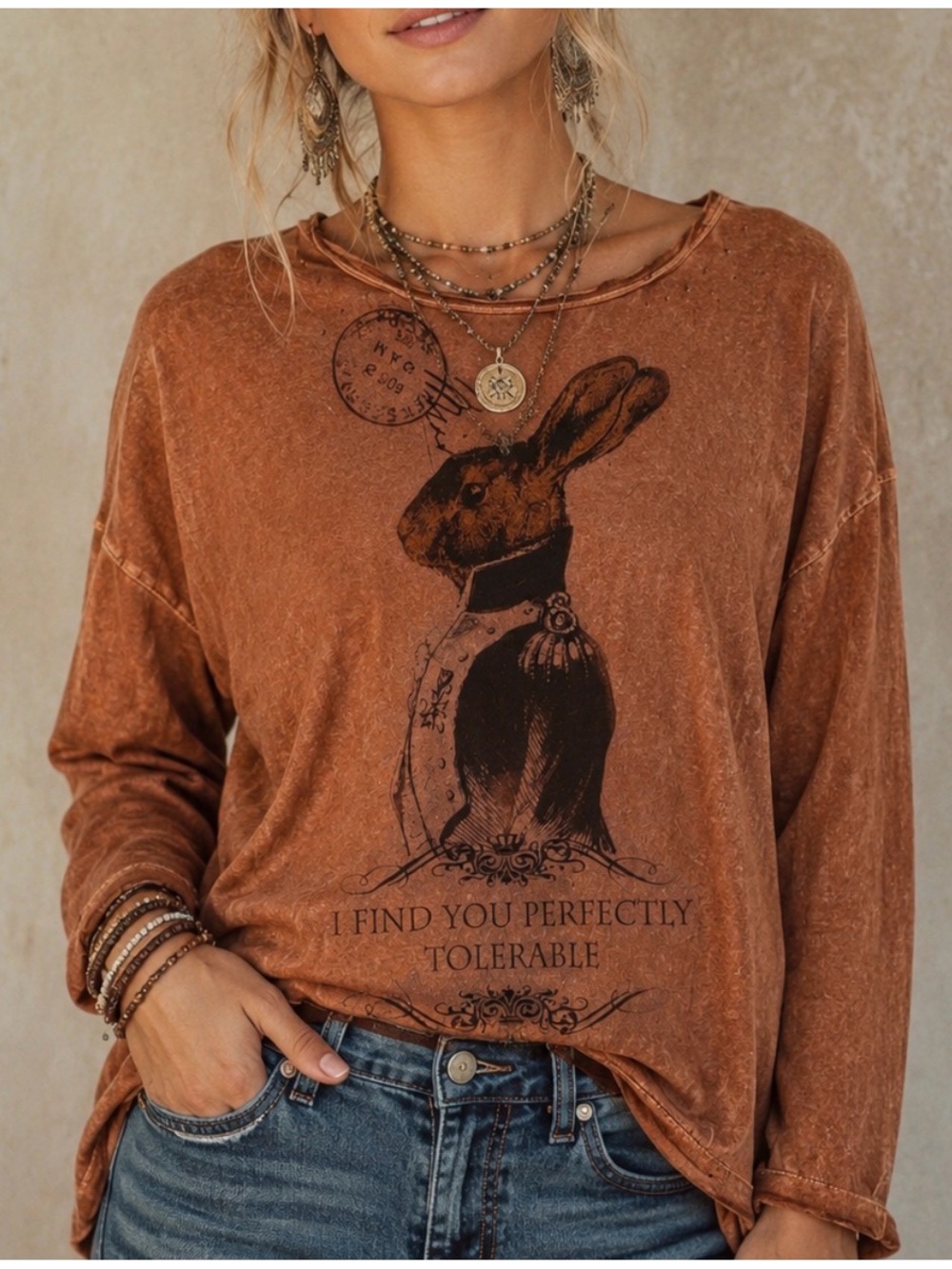 Rustic Brown Graphic Rabbit Long-Sleeve Top
